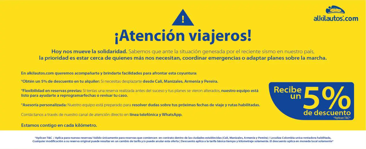 Obt&eacute;n un 5% de Descuento  con Localiza en las agencias de Armenia, Manizales, Pereira y Cali